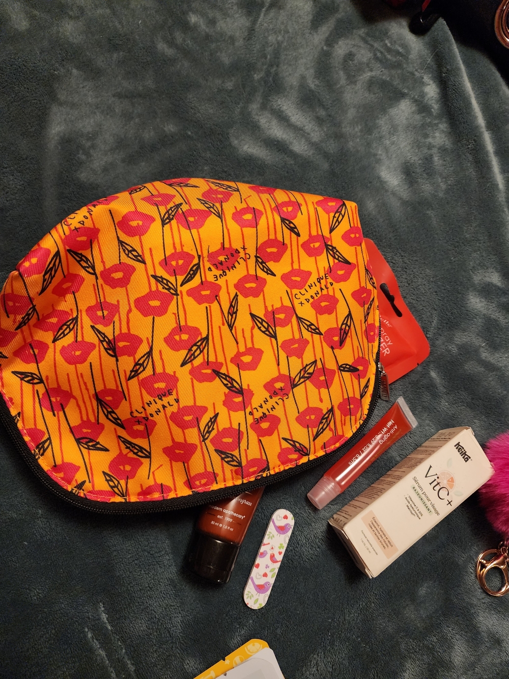 Orange & Pink Cosmetic Pouch with Pom Pom Keychain Beauty Bundle Over $75 Value - Picture 11 of 12